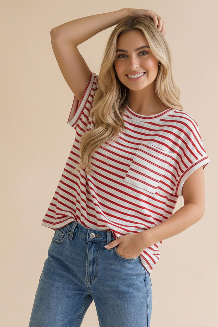 Round Neck Oversized Dolman Stripe Knit Top: RED