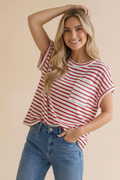 Round Neck Oversized Dolman Stripe Knit Top: RED