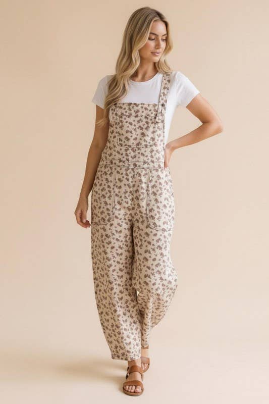 Barrel Bib Overalls Suspender Floral Jumpsuit: Oatmeal