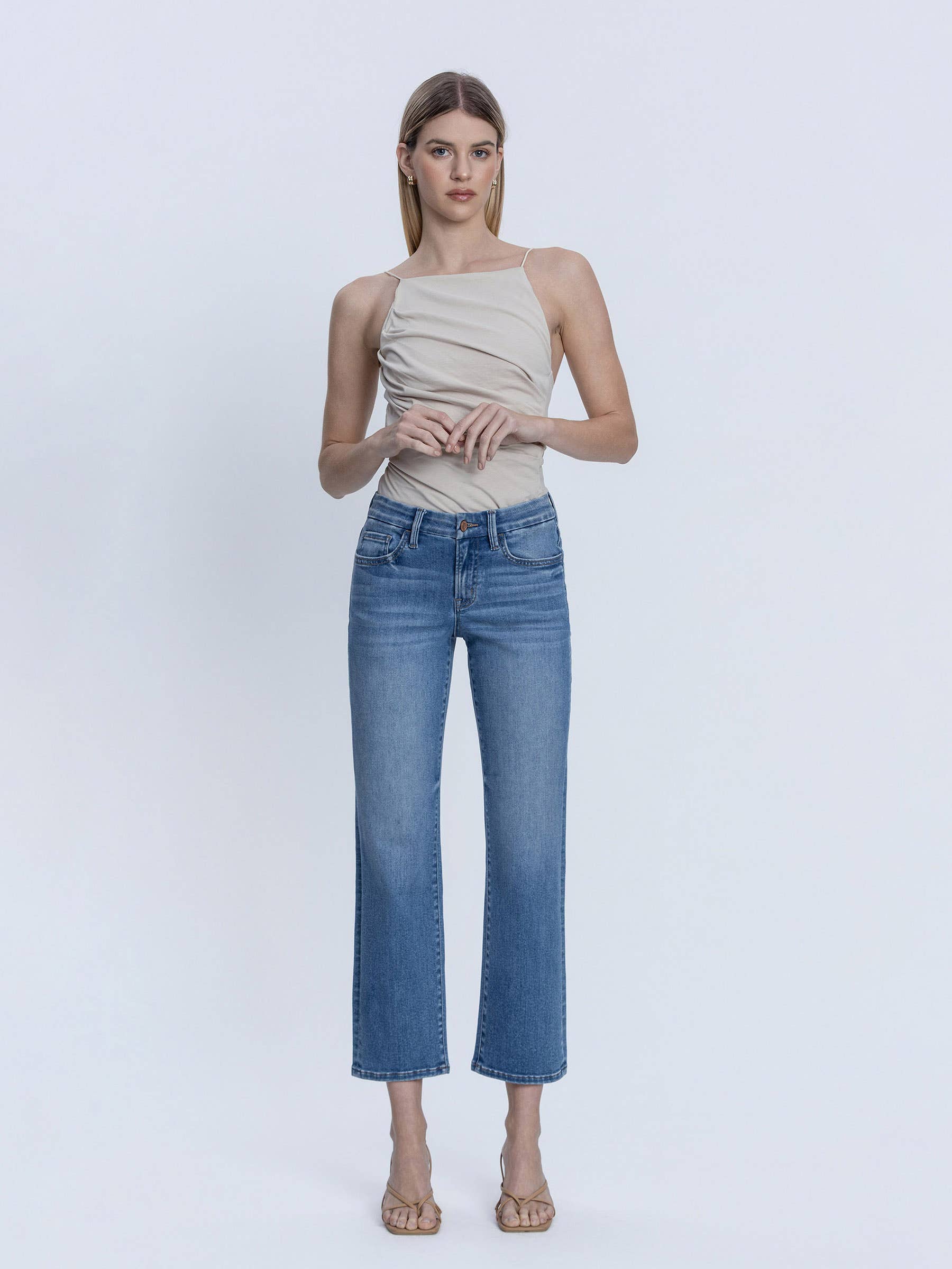 MID RISE MEDIUM DARK WASH ANKLE STRAIGHT JEANS