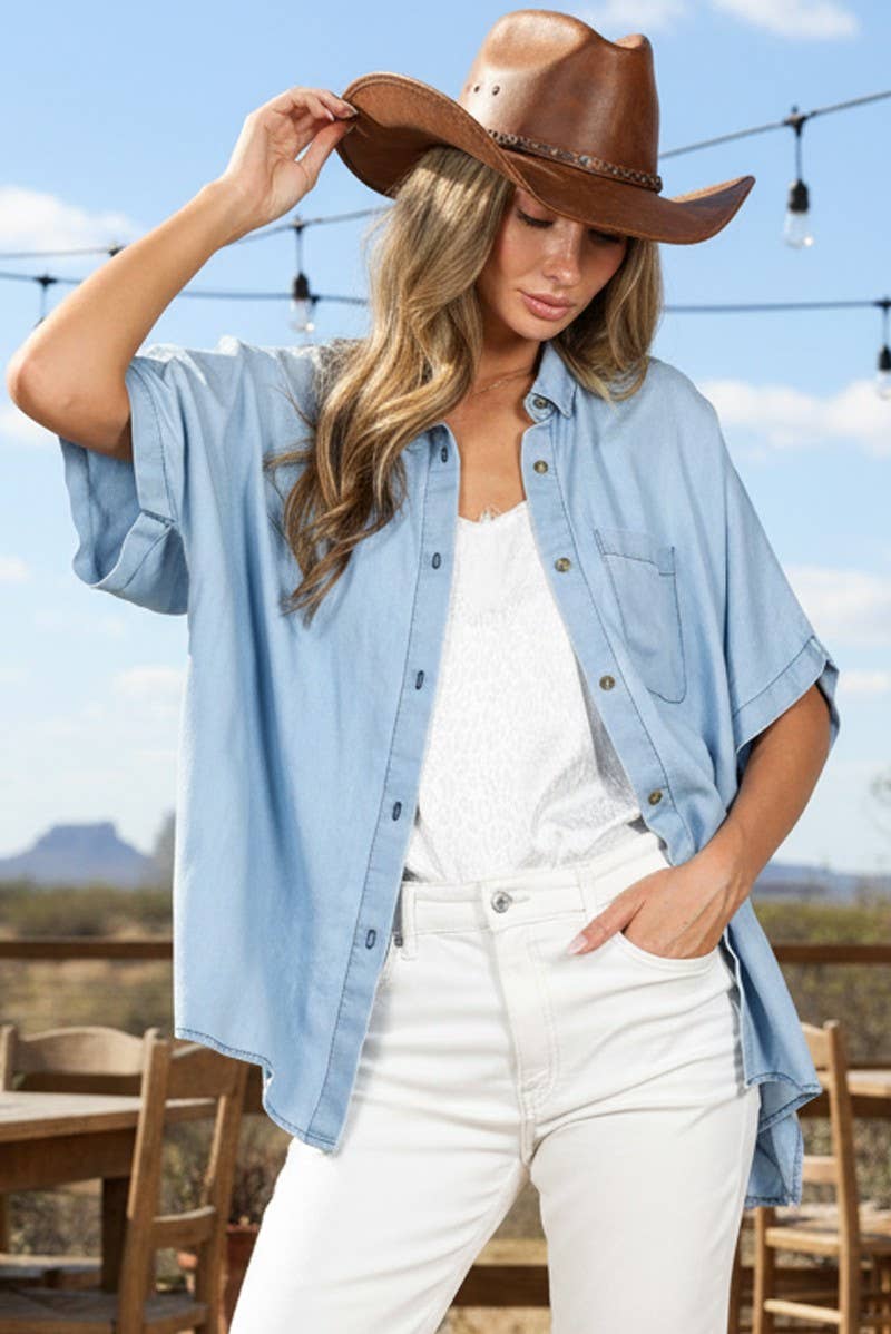 V Neck Collared Tunic Short Sleeve Chambray Shirt: Light Denim