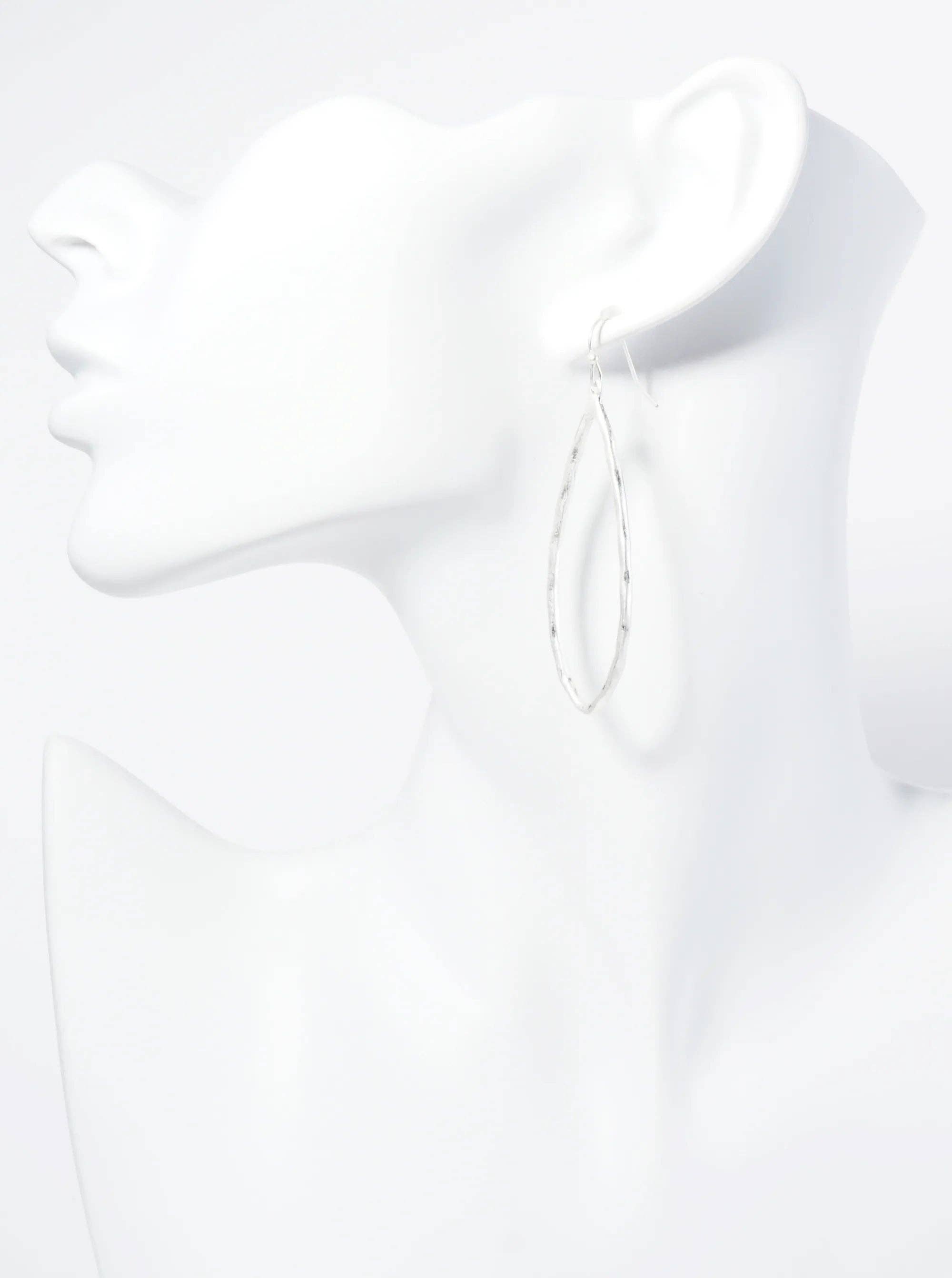 Hammered Metal Elongated Teardrop Dangle Earrings: WORN SILVER