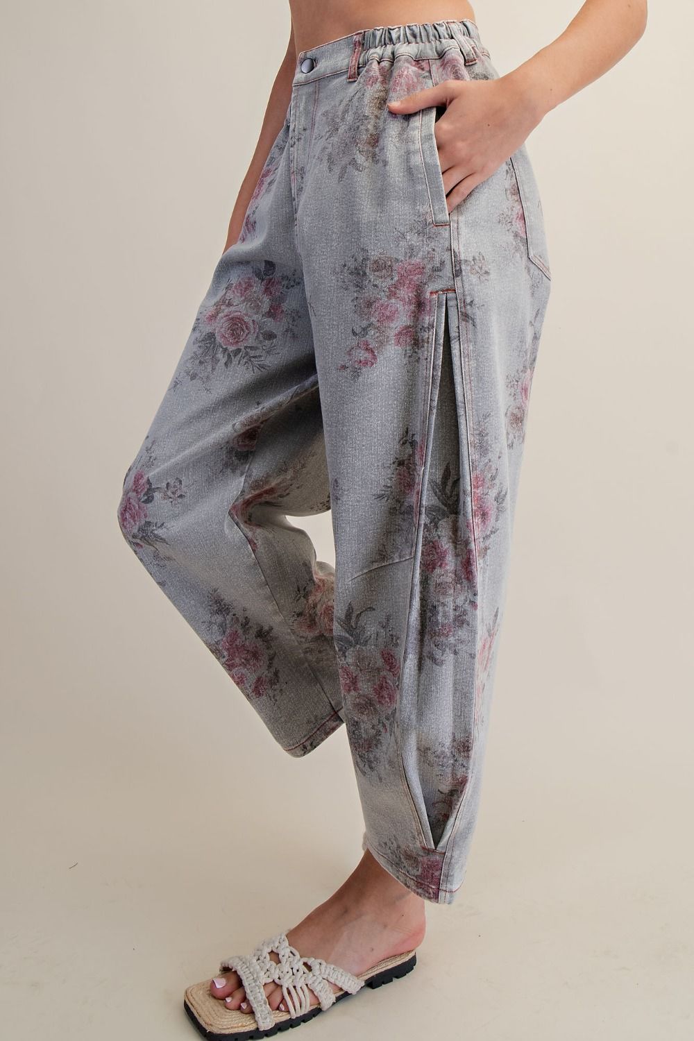Floral Print Washed Twill Barrel Pants