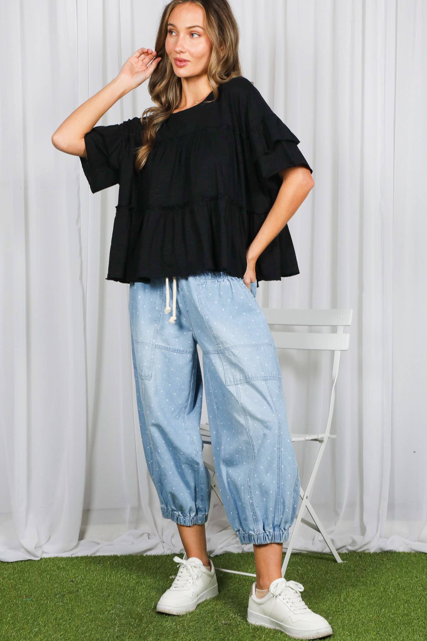 Ruffle Tired Crew Neck 100%Cotton Top: Black