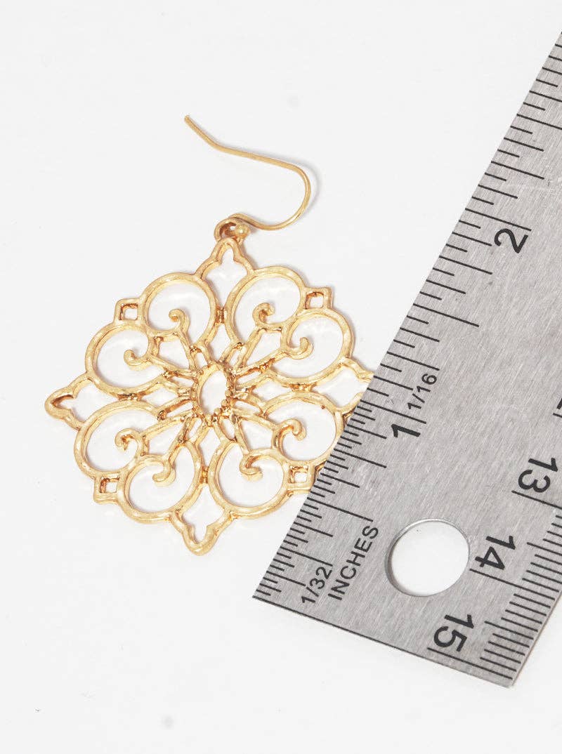 Metal Moroccan Shaped Filigree Dangle Drop Earrings: Worn gold