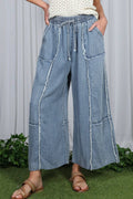 Self Fray 100%Tencel Chambray Washed Palazzo Pants: Washed Denim