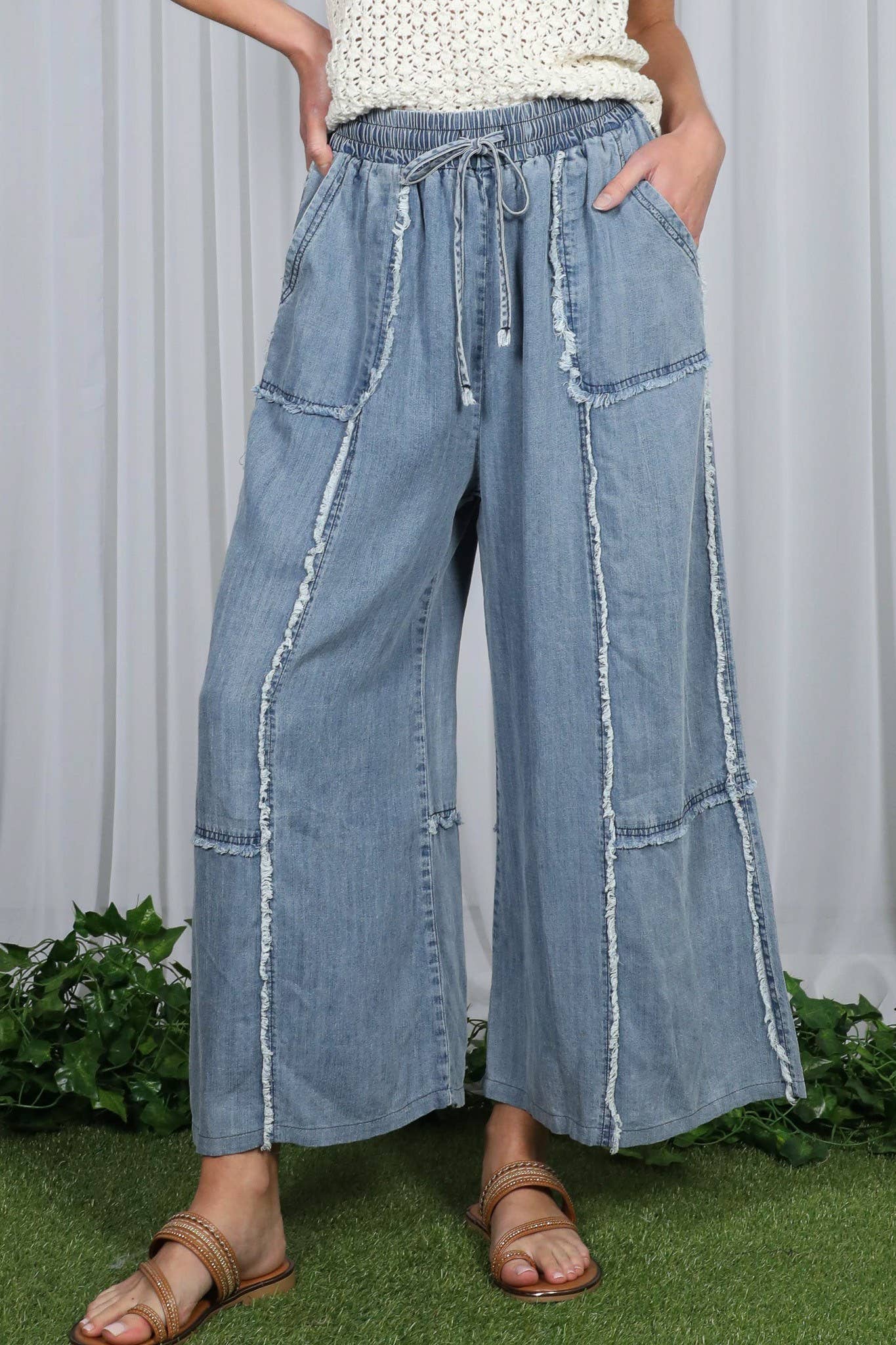 Self Fray 100%Tencel Chambray Washed Palazzo Pants: Washed Denim