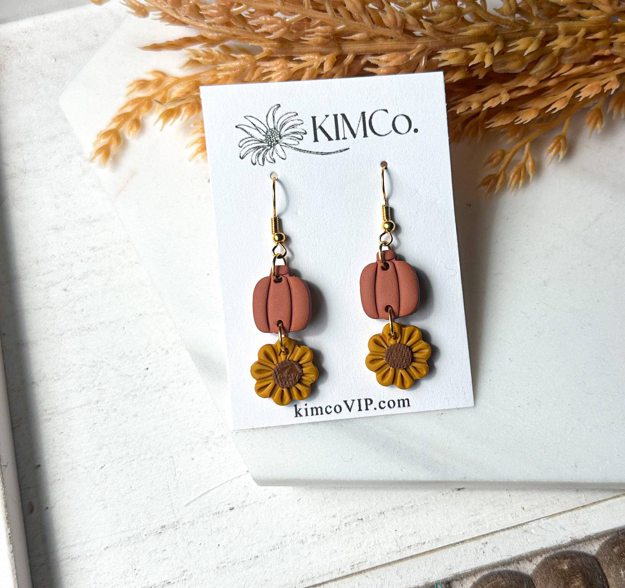 Polymer Clay Earrings - Fall/Everyday- Sunflower and Pumpkin: Stainless Steel Fishhook
