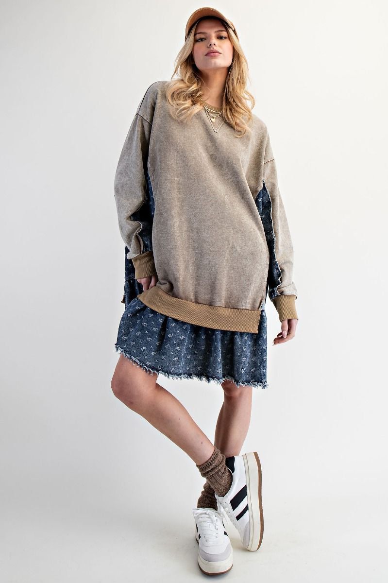 WASHED TERRY PULLOVER WITH DENIM RUFFLE BOTTOM DRESS