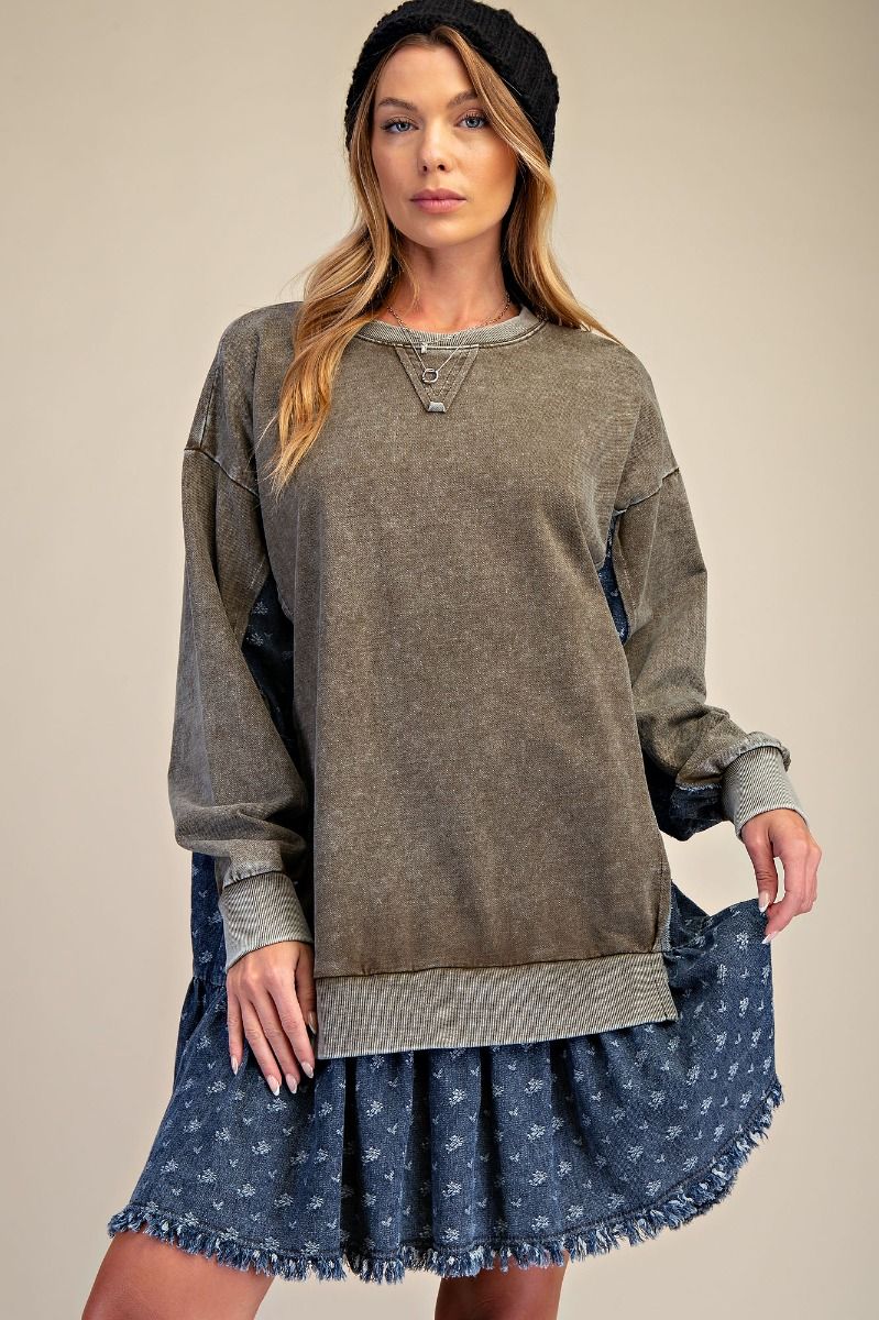 WASHED TERRY PULLOVER WITH DENIM RUFFLE BOTTOM DRESS