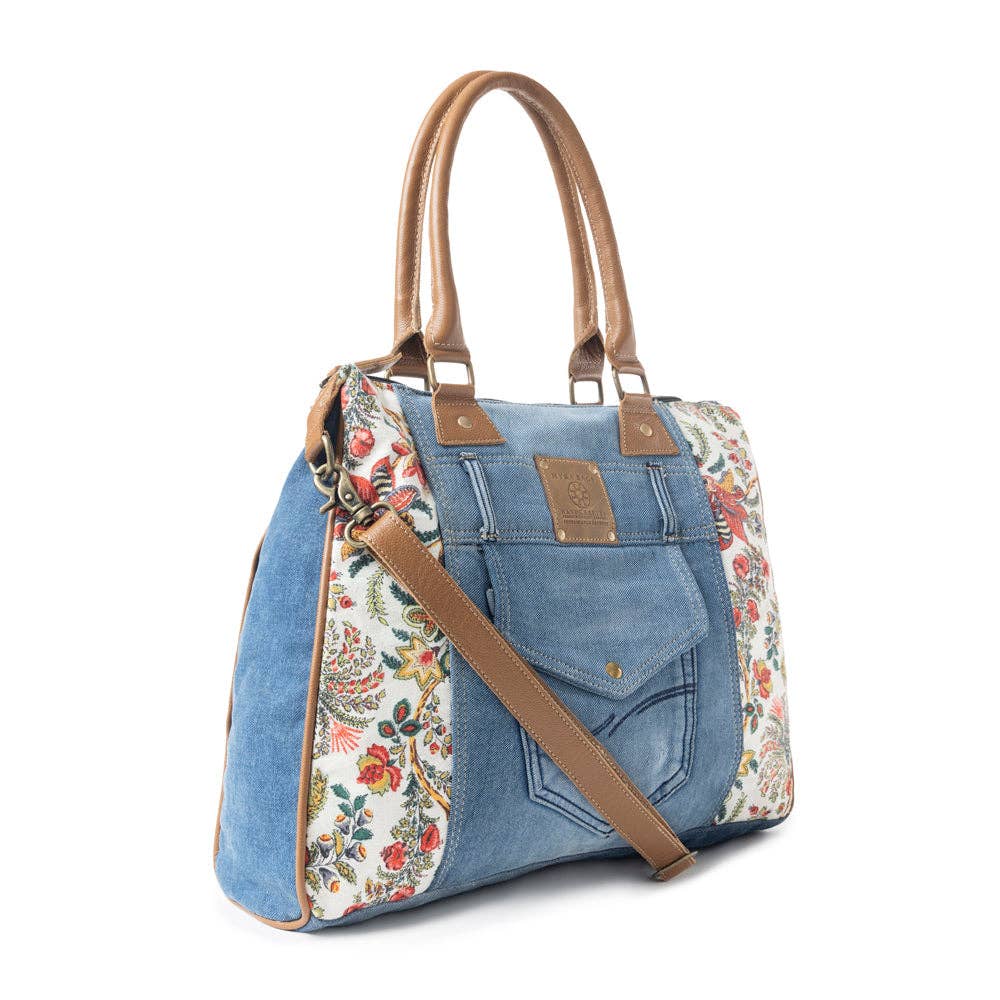 Crimson Glade Tote Bag: Denim & Floral
