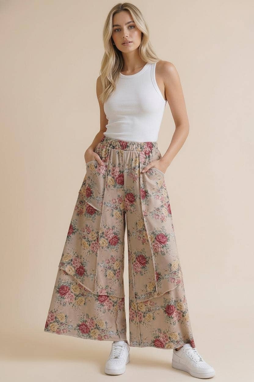 Elastic Waist Wide Leg Vintage Floral Pant: Oatmeal