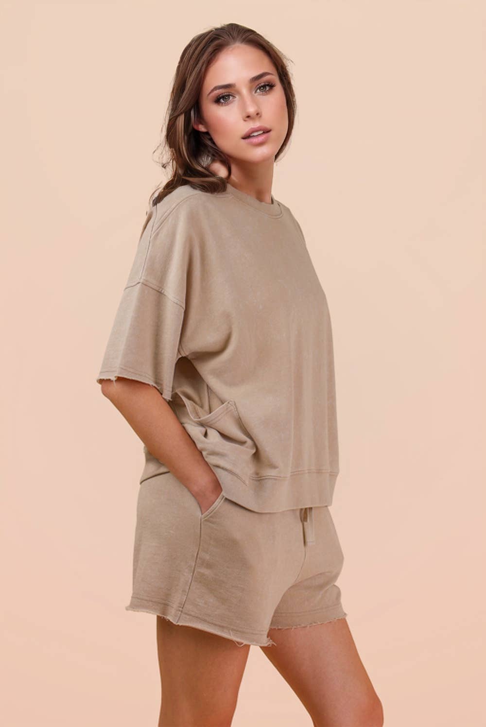 NEW IN — Mineral Washed Knit Casual Top & Shorts Set: Beige