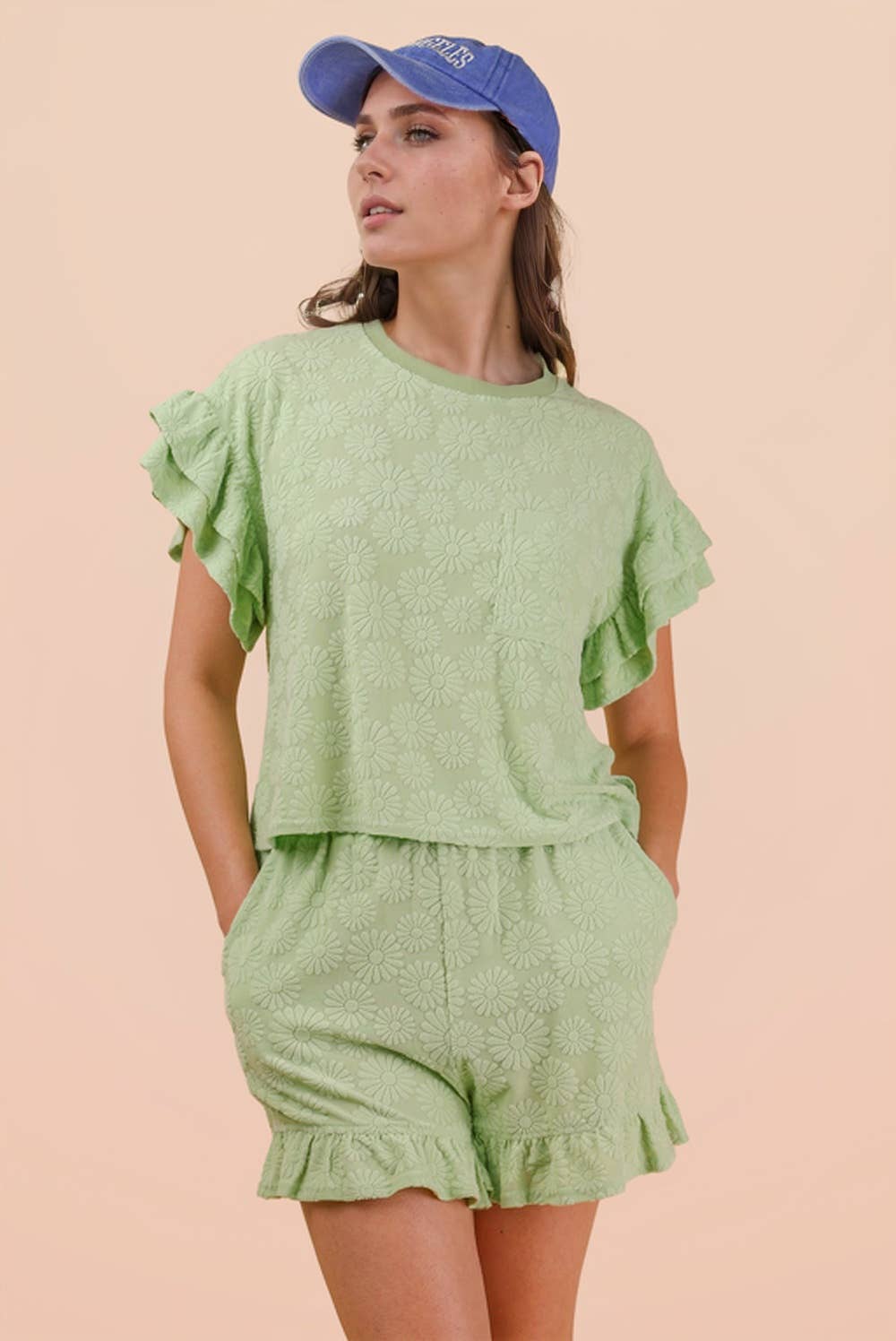 NEW IN — Floral Textured Ruffled Knit Top & Shorts Set: Sage