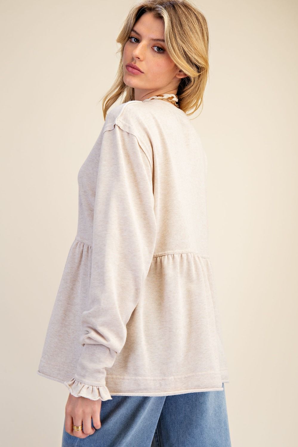 WASHED TERRY KNIT PULLOVER TUNIC: Oatmeal