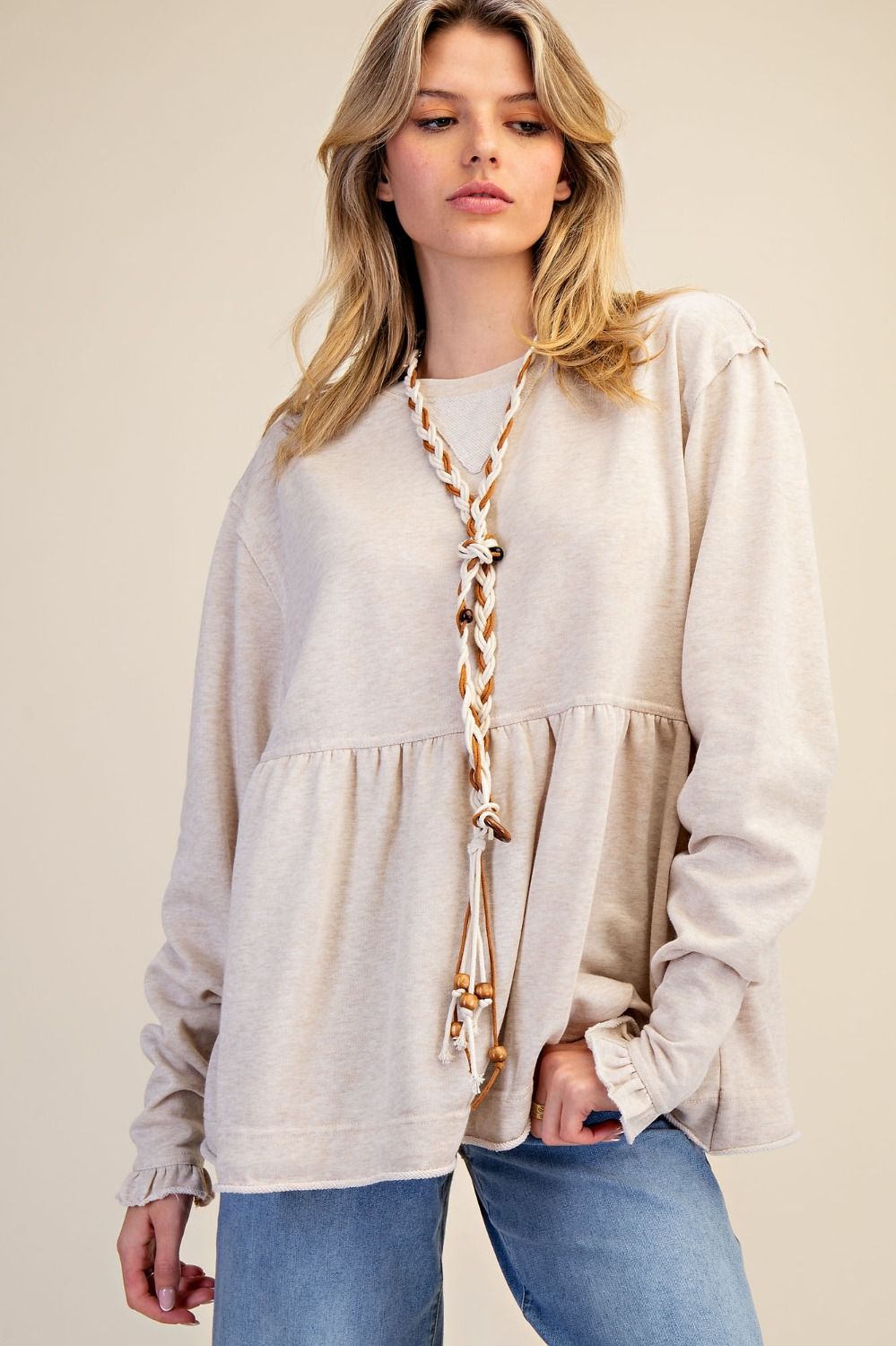 WASHED TERRY KNIT PULLOVER TUNIC: Oatmeal