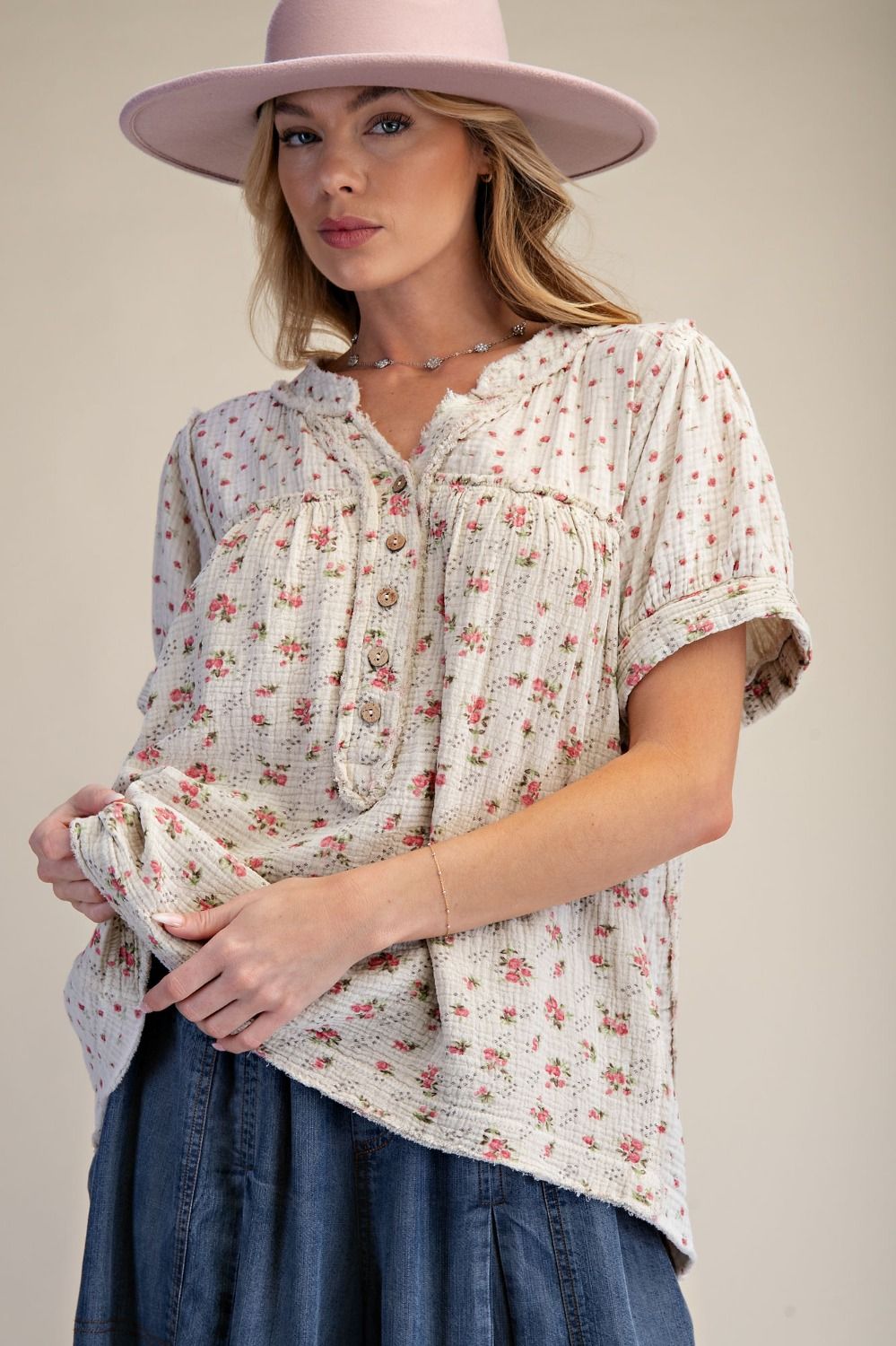 FLORAL PRINTED COTTON GAUZE WASHED TOP