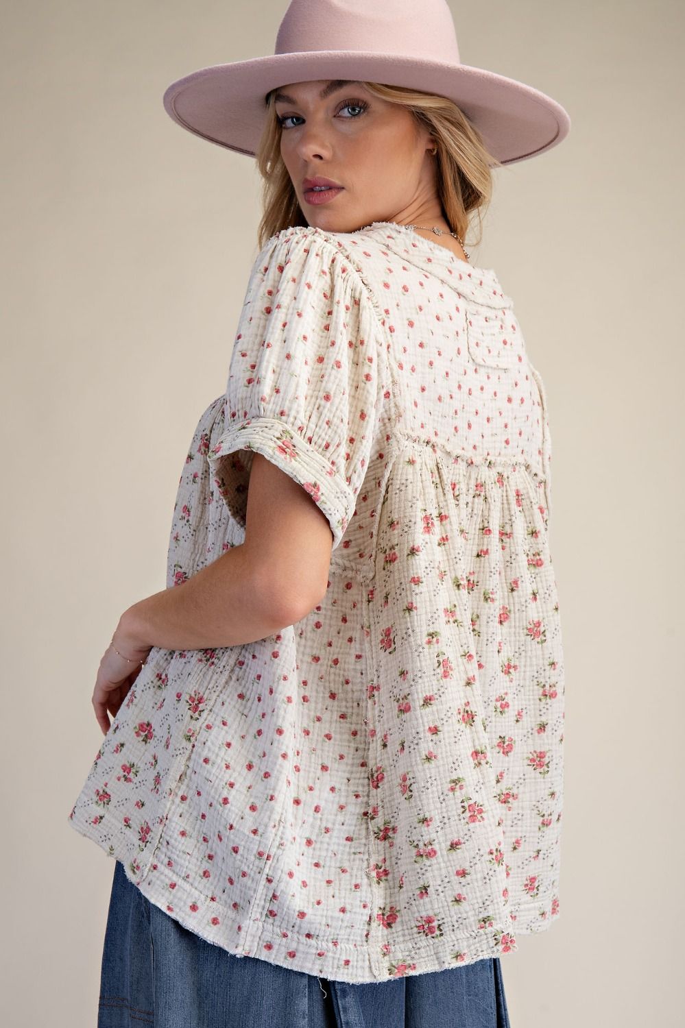 FLORAL PRINTED COTTON GAUZE WASHED TOP
