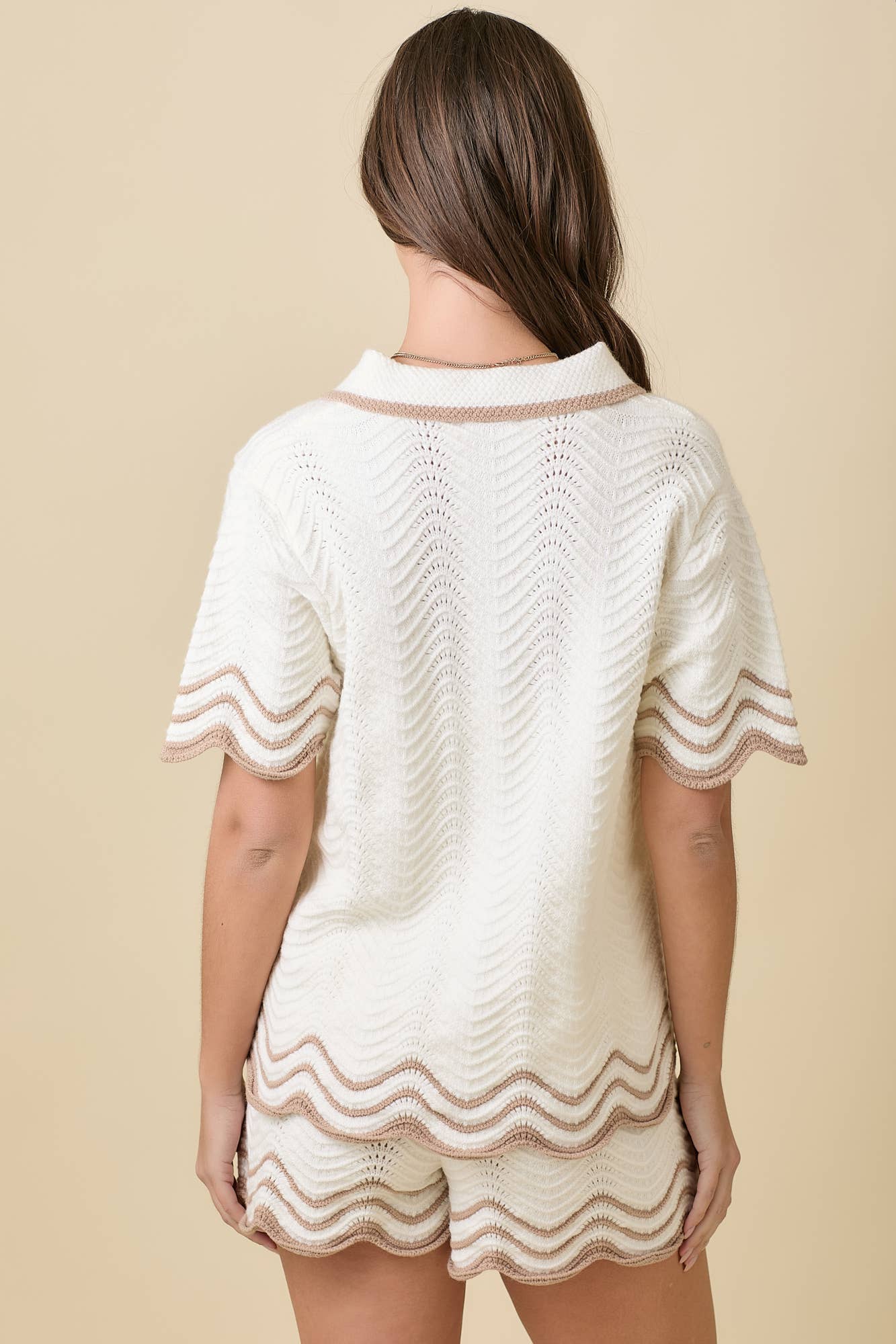Crochet Wavy Collar Sweater Knit Top: WHITE/TAUPE