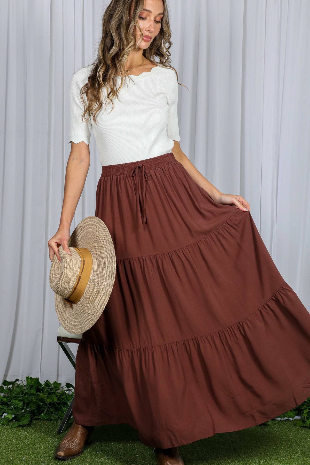 Tiered Drawstring Maxi Skirt