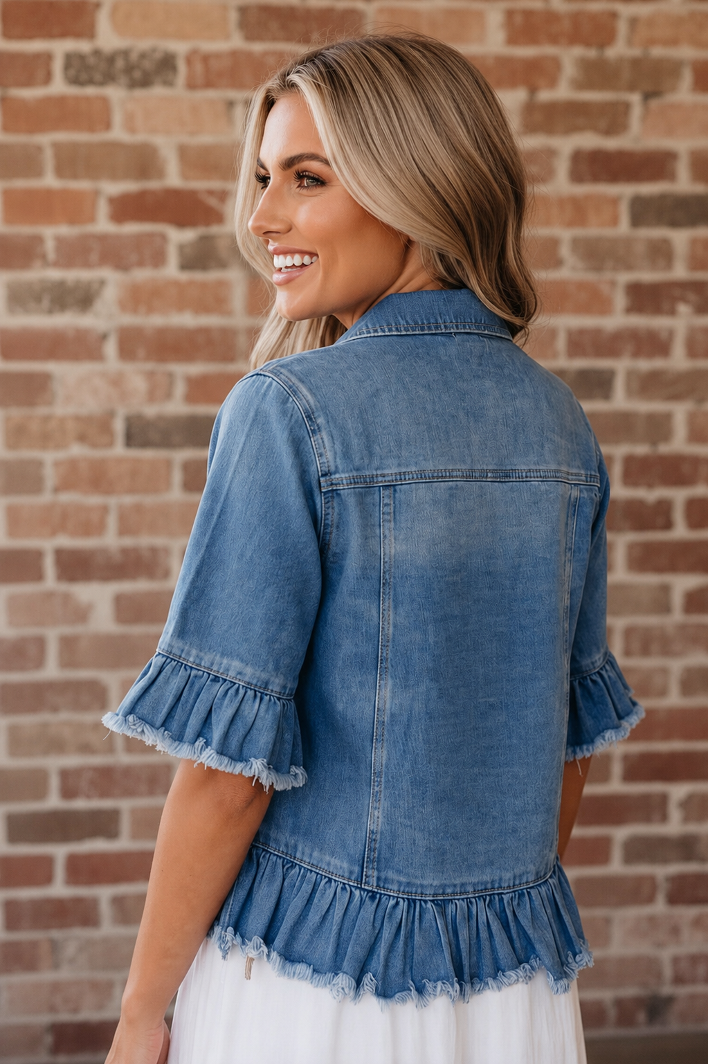 OMG! Denim Raw Edge Ruffle Half Sleeve Jacket