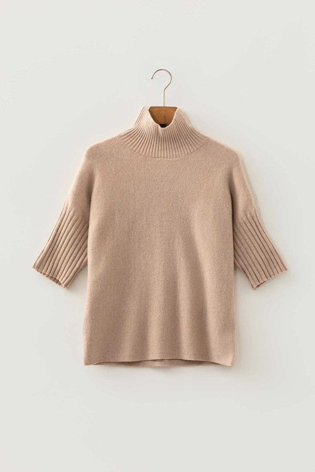 OMG! Solid Ribbed Trim High Neck Knit Top