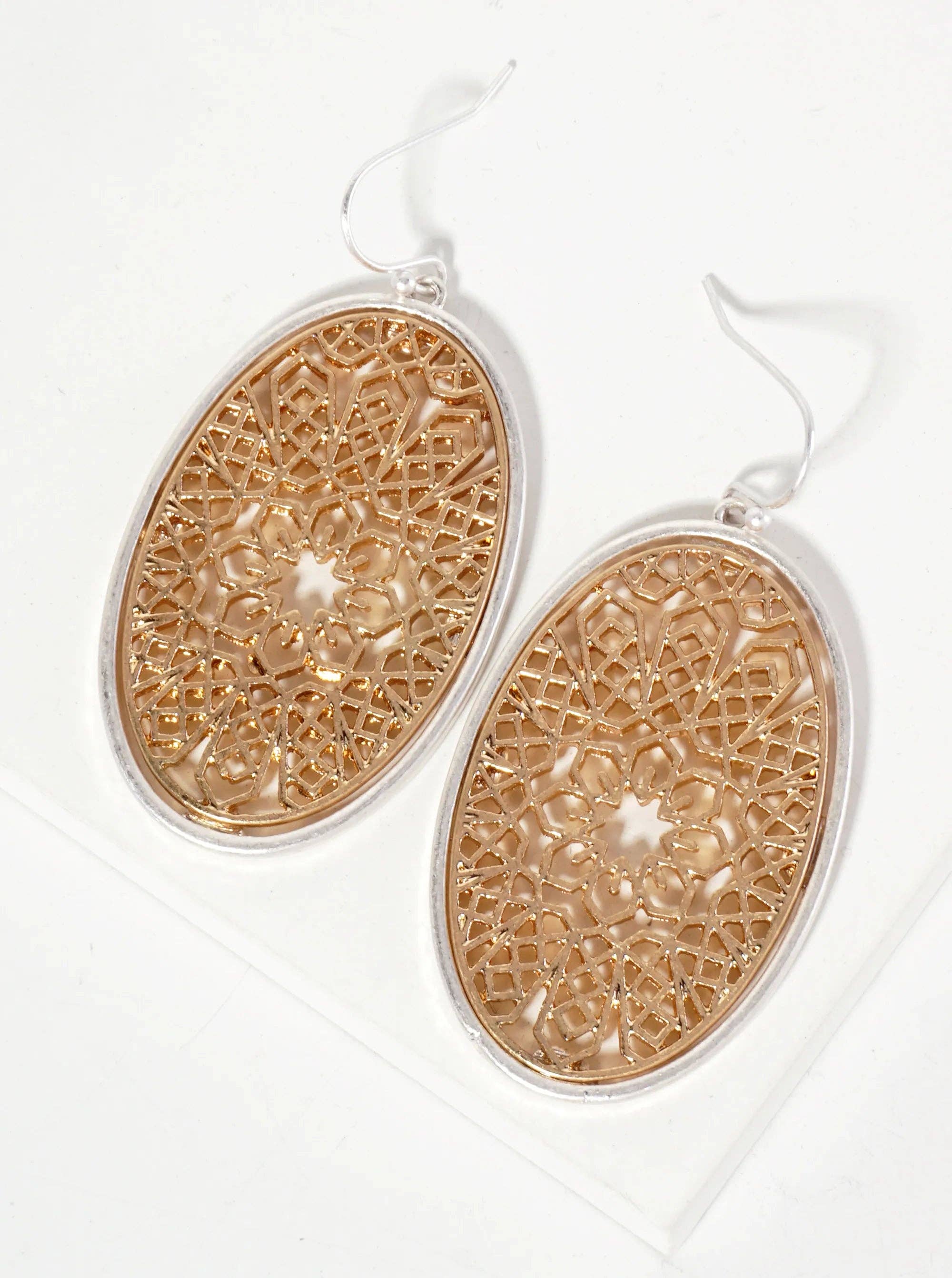 Dual-Tone Geometric-Pattern Filigree Oval Dangle Earrings: Worn Silver-Worn Gold