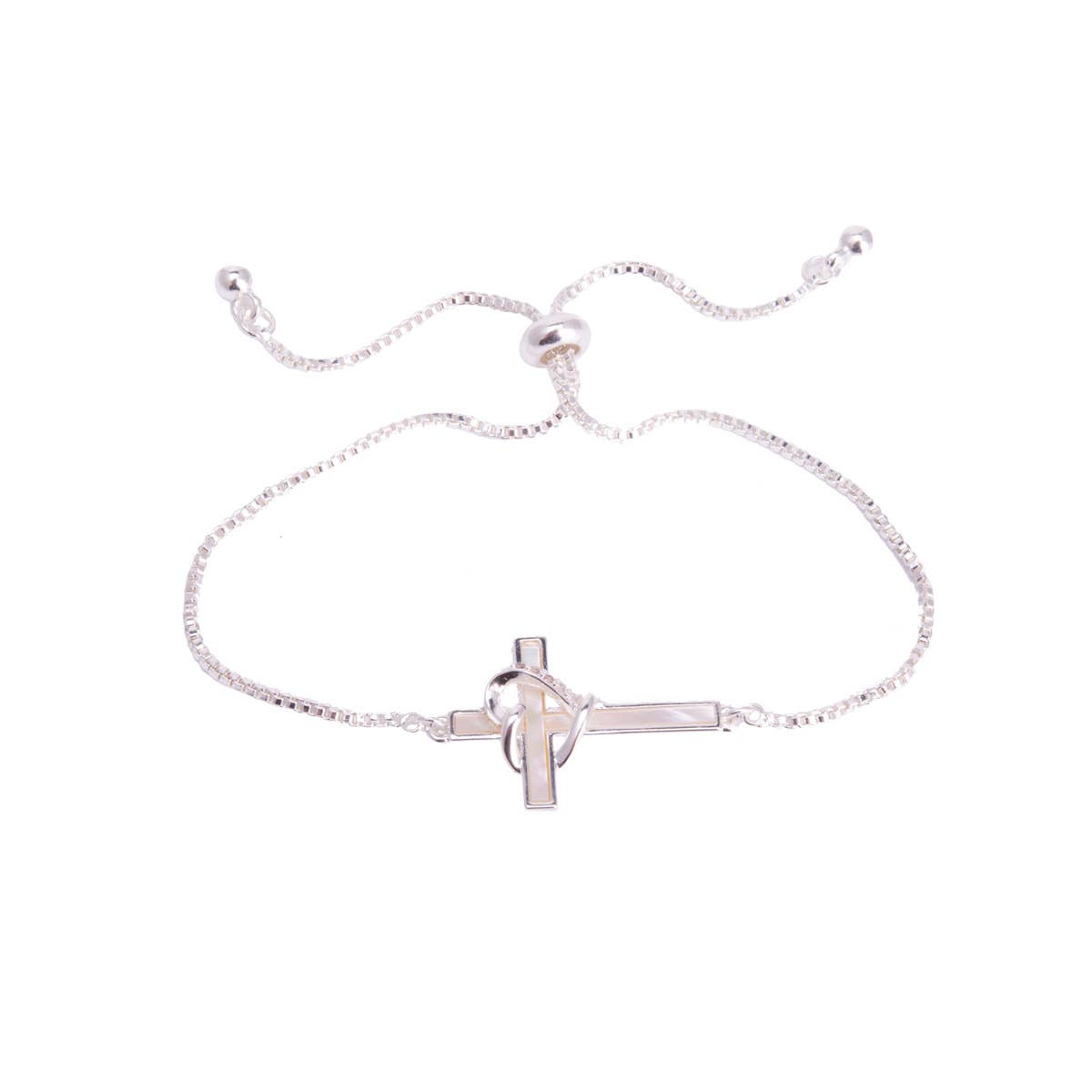 MOP Cross CZ Heart Bracelet - Silver
