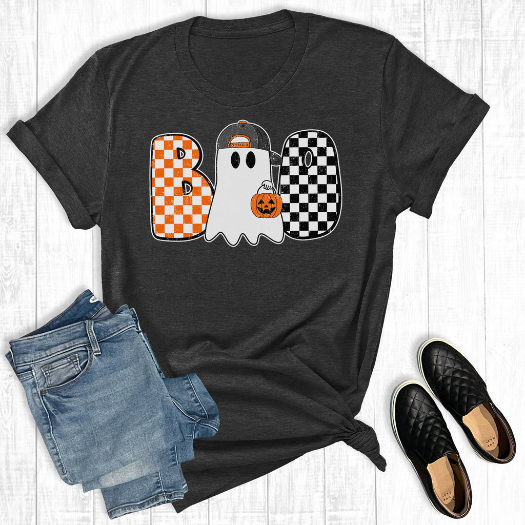 Retro Halloween Checkered Boo Ghost Graphic Tee: Charcoal / Short Sleeve