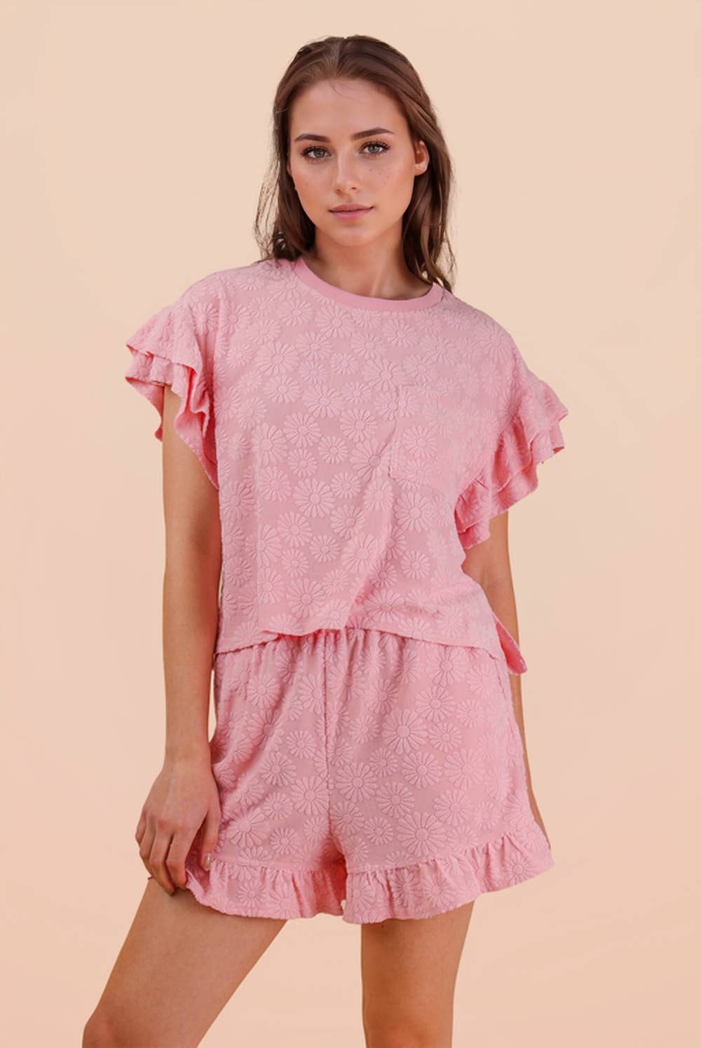 NEW IN — Floral Textured Ruffled Knit Top & Shorts Set: Pink