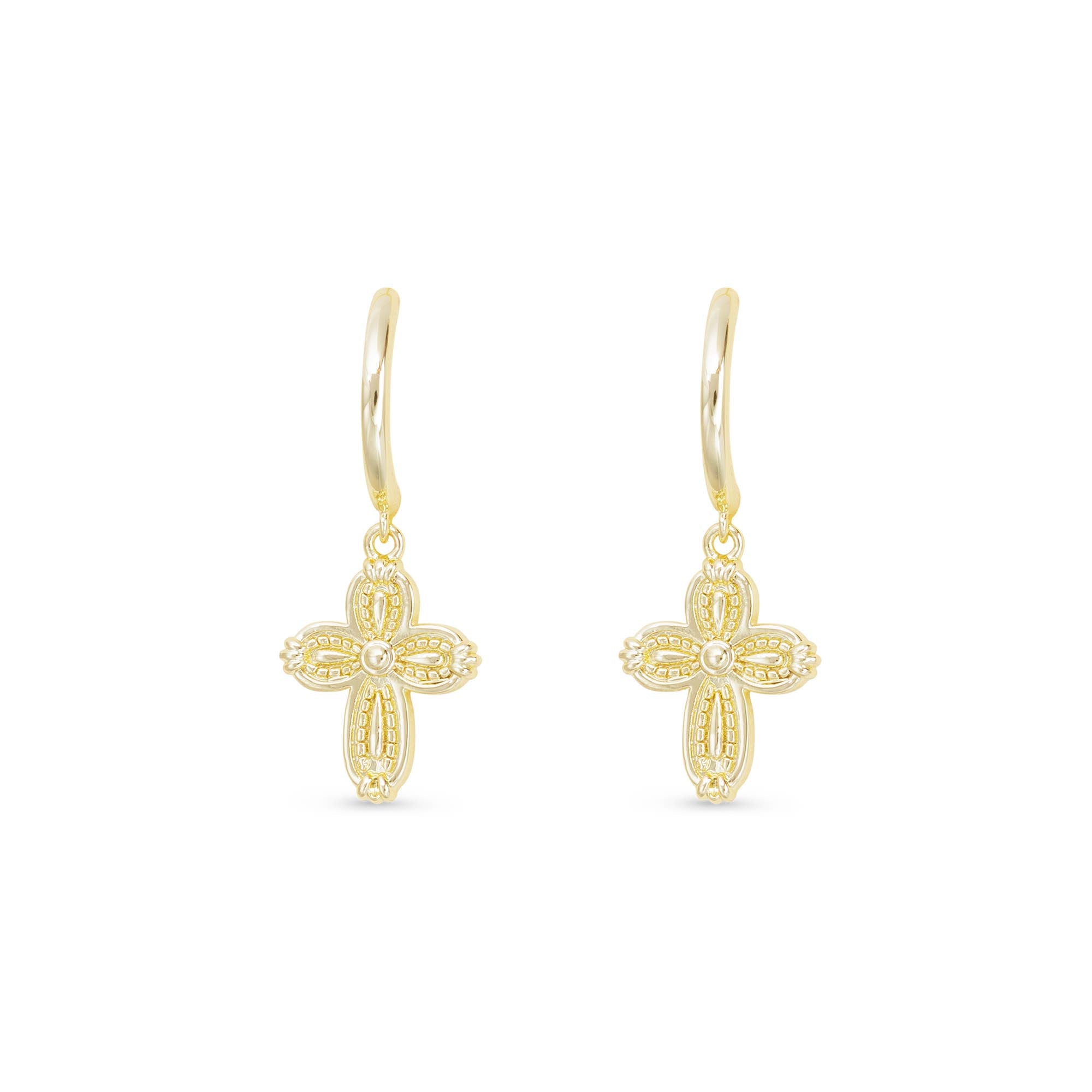 Gold Patterned Small Cross Hoop Drop Earrings