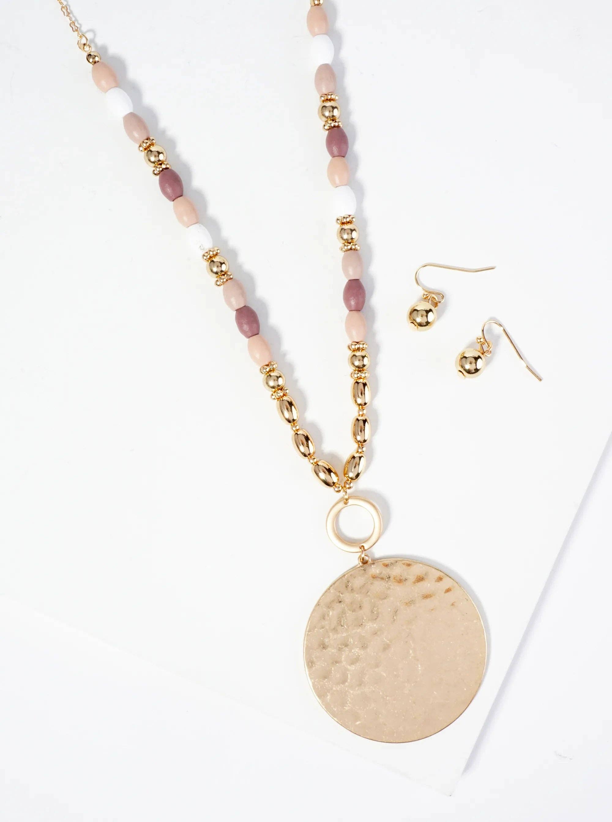 Hammered Circle Pendant Wood Beaded Chain Long Necklace Set With Earrings: Light Multi