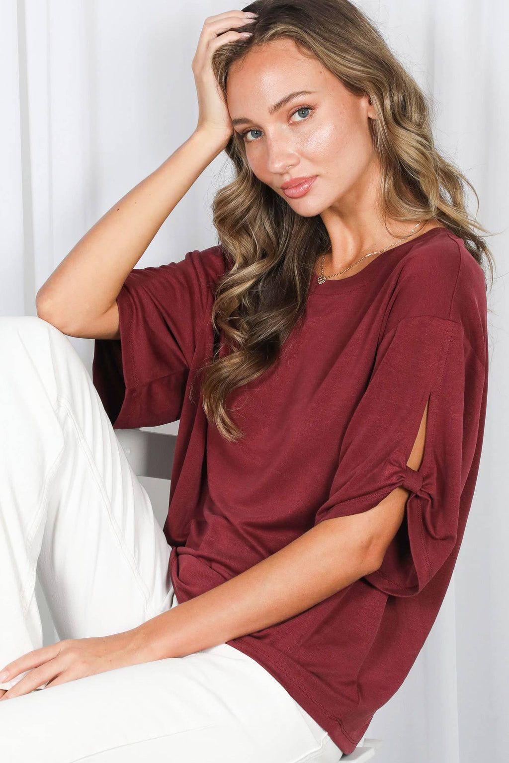 Tie Accent Sleeve Soft Casual T-Shirt Top: Burgundy