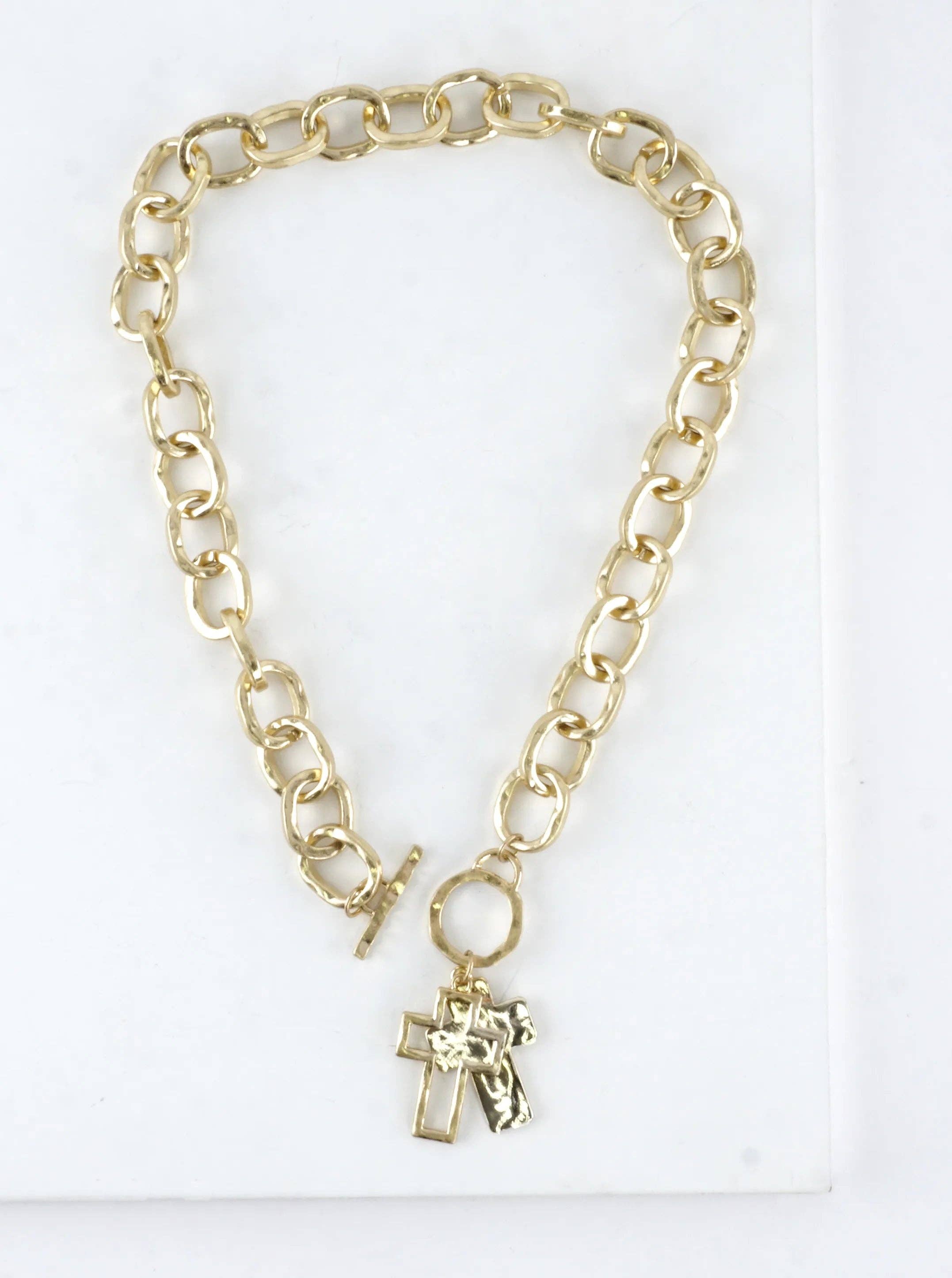 Chunky Hammered Two Cross Toggle Pendant Necklace: Worn Gold Gold