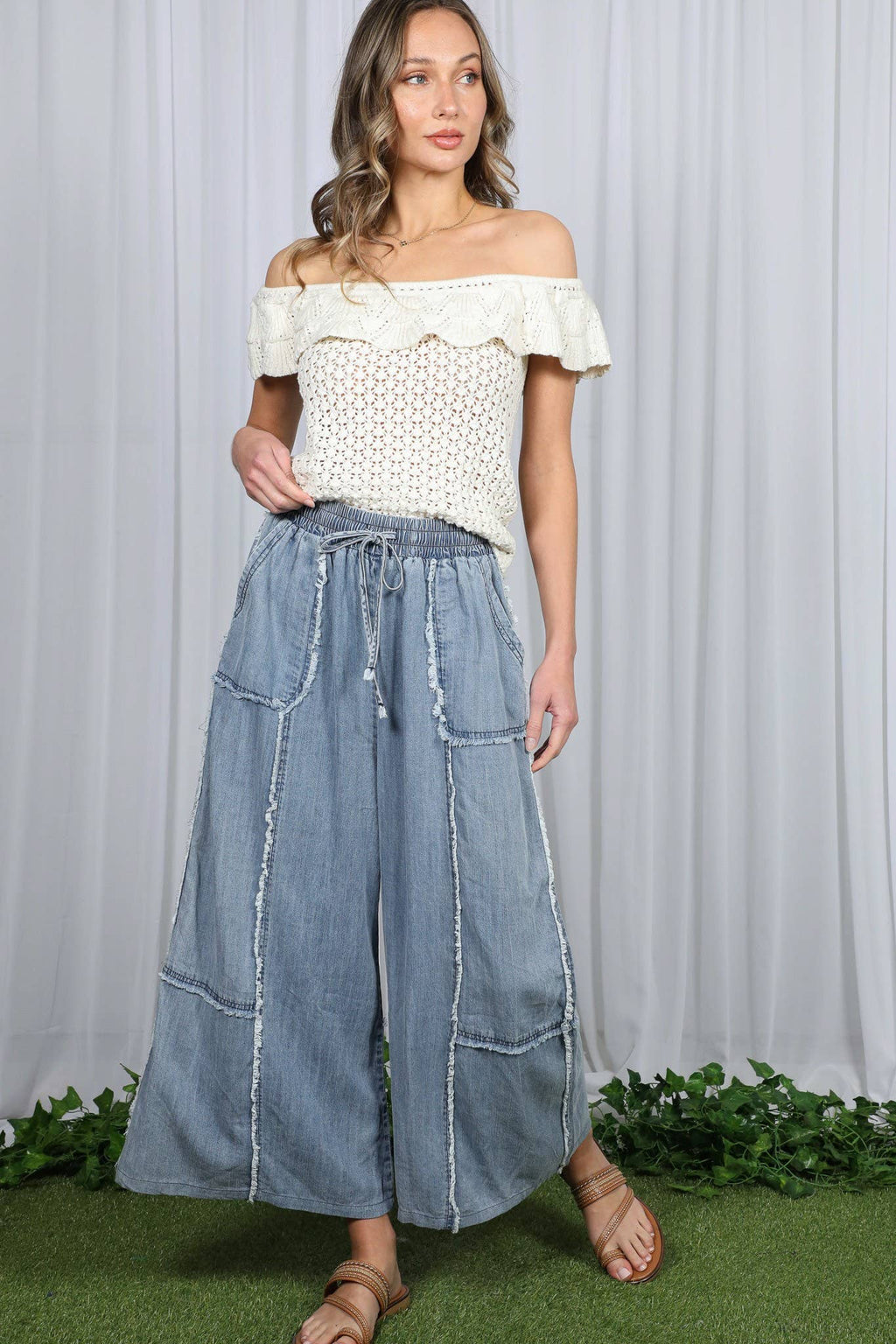 Self Fray 100%Tencel Chambray Washed Palazzo Pants: Washed Denim