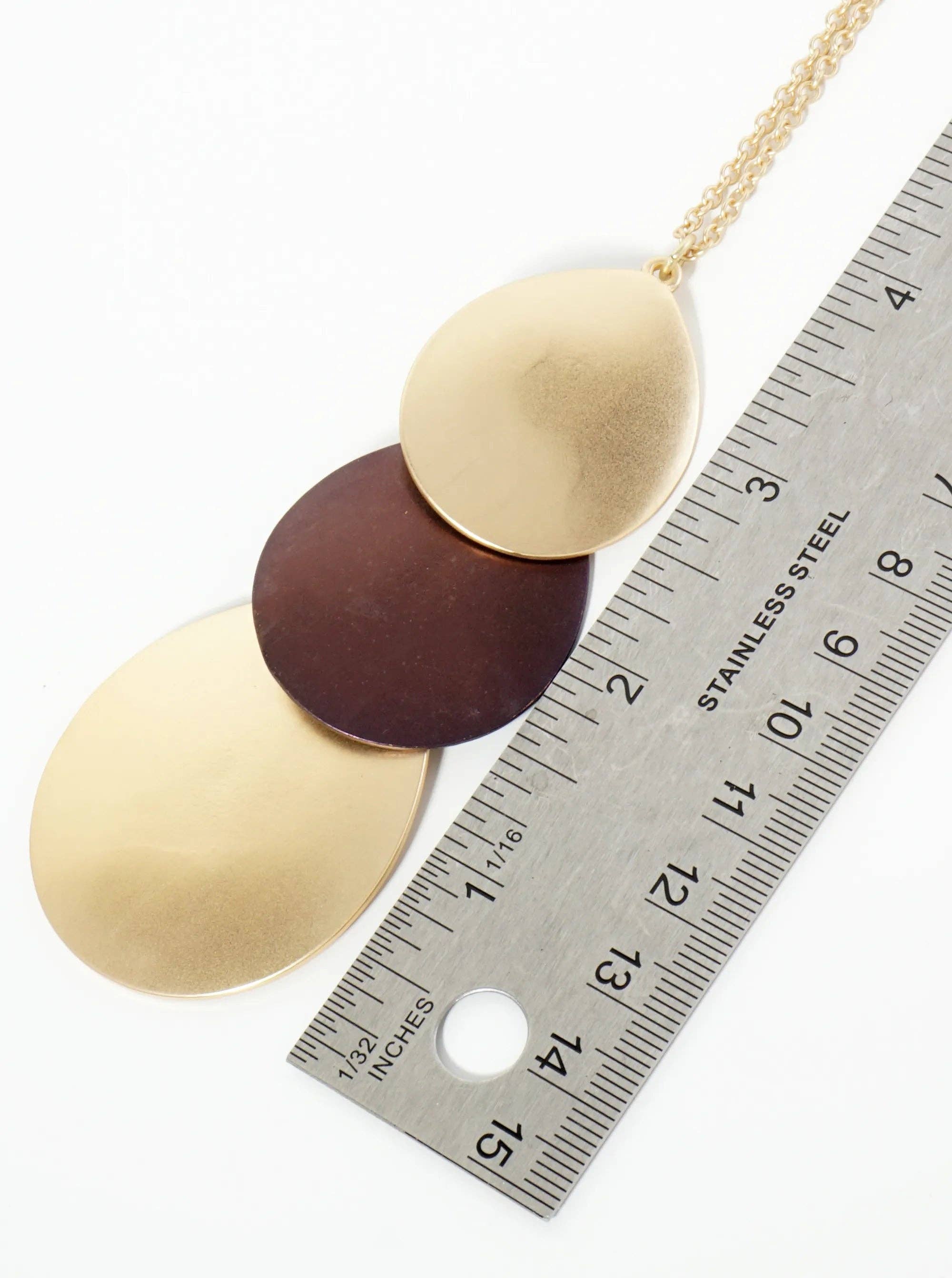 Three Overlapping Teardrop Pendant 32 Inch Long Necklace: Matte Gold