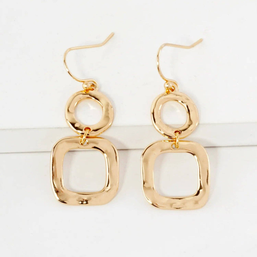 Geometric Hammered Dual Tier Drop Earrings: Gold