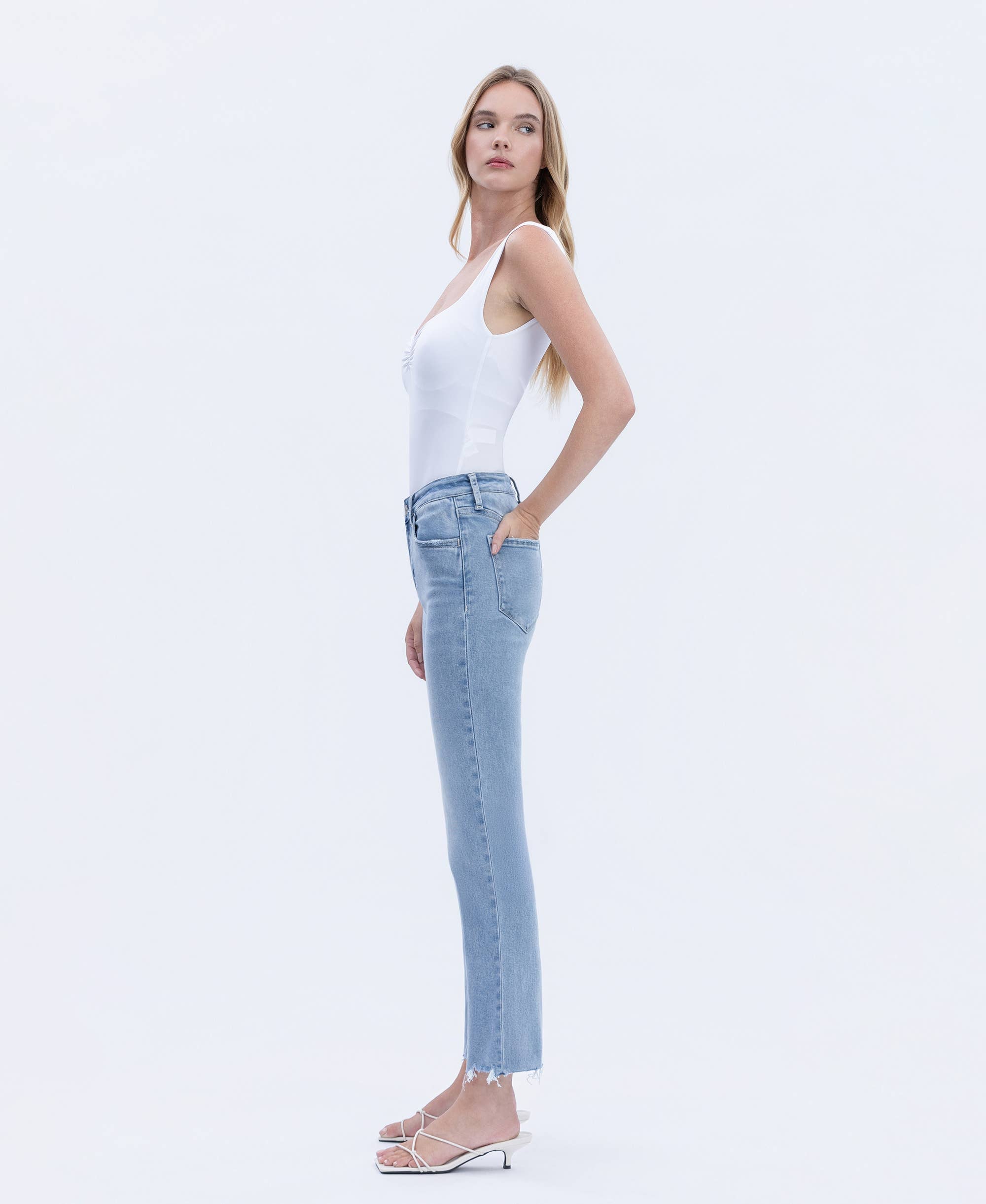 HIGH RISE RAW HEM KICK FLARE JEANS