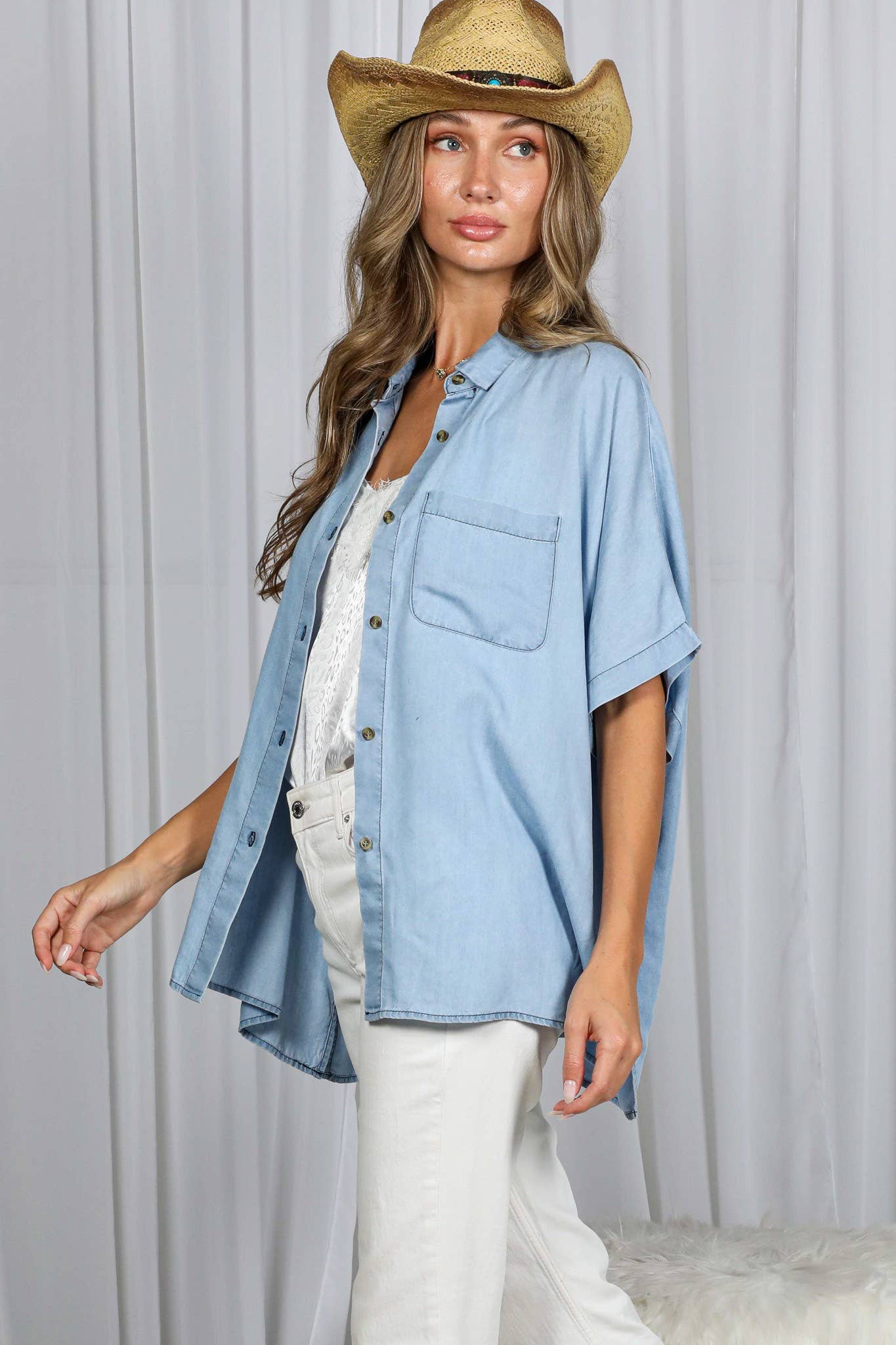 V Neck Collared Tunic Short Sleeve Chambray Shirt: Light Denim