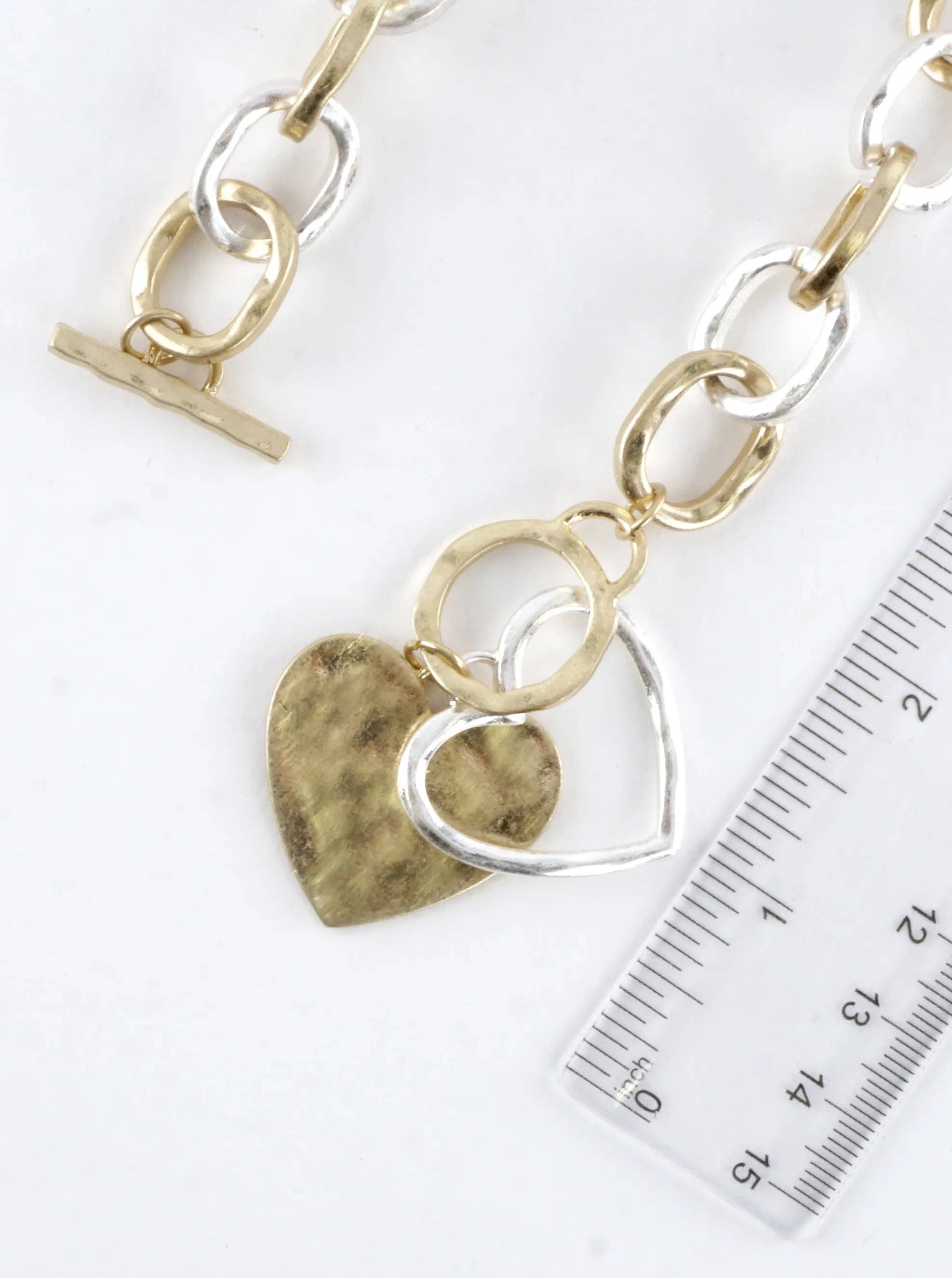 Chunky Hammered Chain Two Hearts Toggle Necklace: Worn Gold Silver
