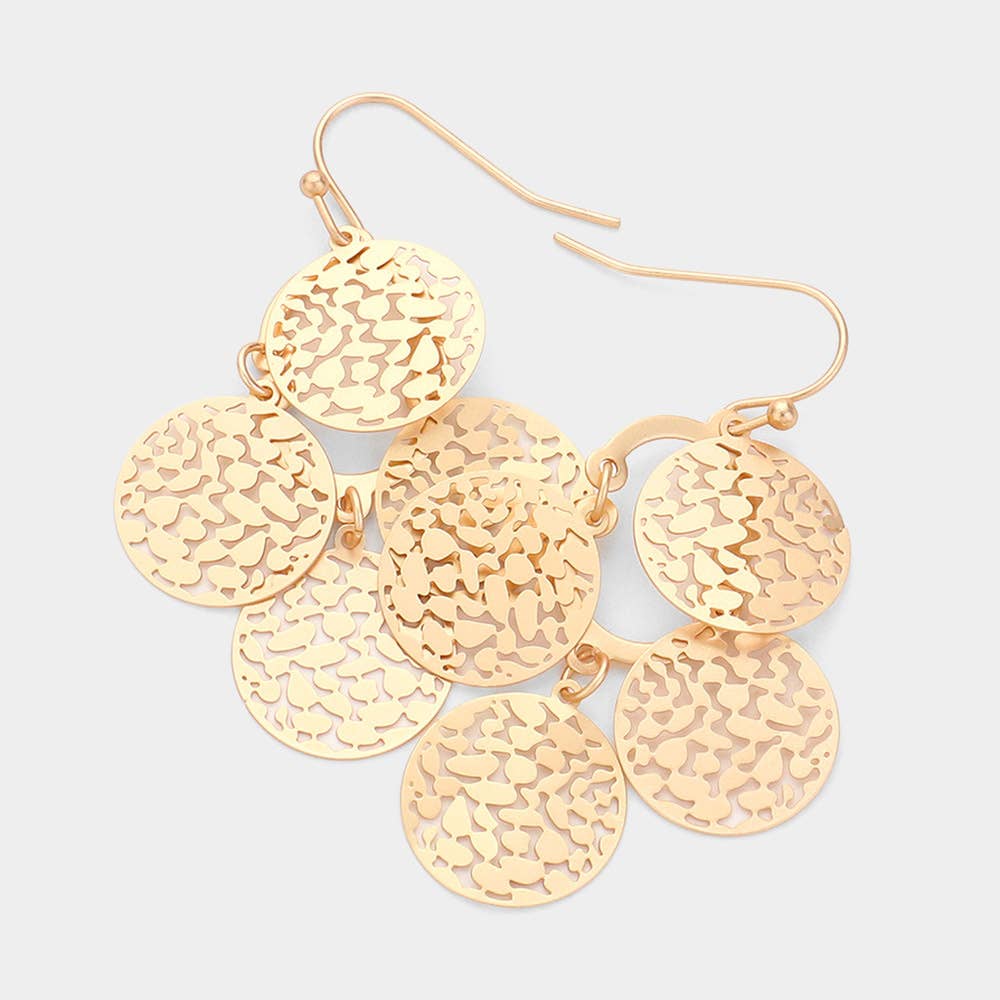 Layered Filigree Metal Disc Dangle Earrings: Matte gold