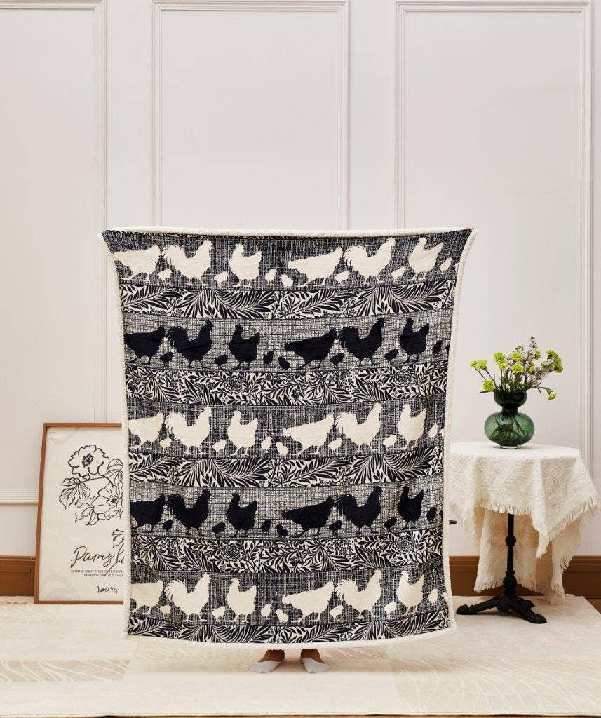 "Cottage Chickens" Flannel Sherpa Throw Blanket
