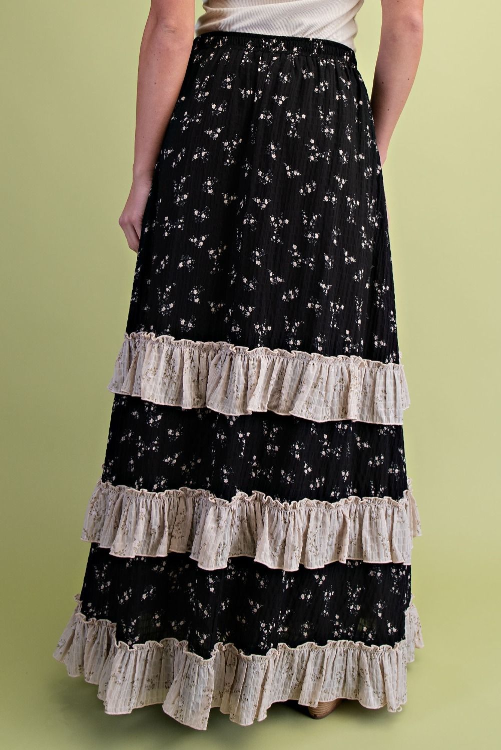 PRINTED WOVEN RUFFLE DETAILING MAXI SKIRT