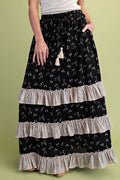 PRINTED WOVEN RUFFLE DETAILING MAXI SKIRT