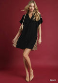 Linen Button-Down Dress with Leopard Print Back: Black