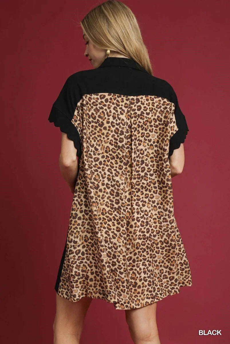 Linen Button-Down Dress with Leopard Print Back: Black