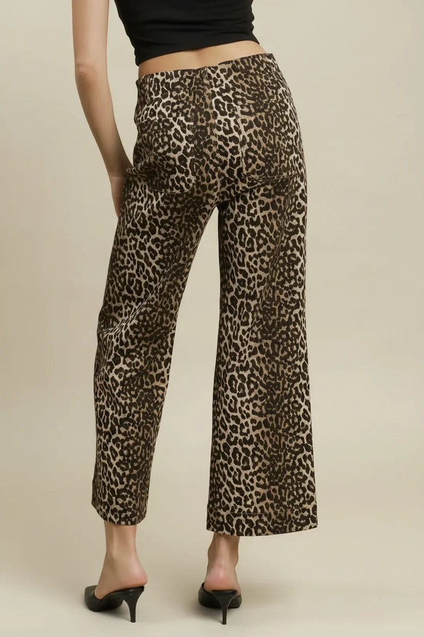 Leopard Print Wide Leg Cropped Pants (Taupe)